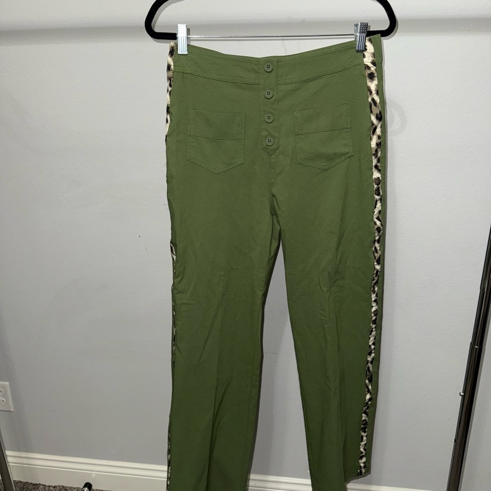 Green Women's Pants with Leopard Print Trim